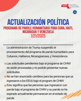 Actualización Política
Programa de Parole humanitario para Cuba, Haiti, Nicaragua y Venezuela