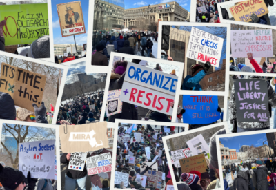 photo collage of protesters and protest signs