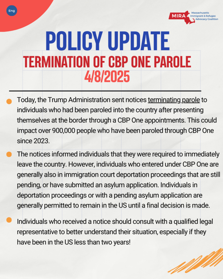 Policy Update 4/8/25 - Termination of CBP One Parole - MIRA Coalition