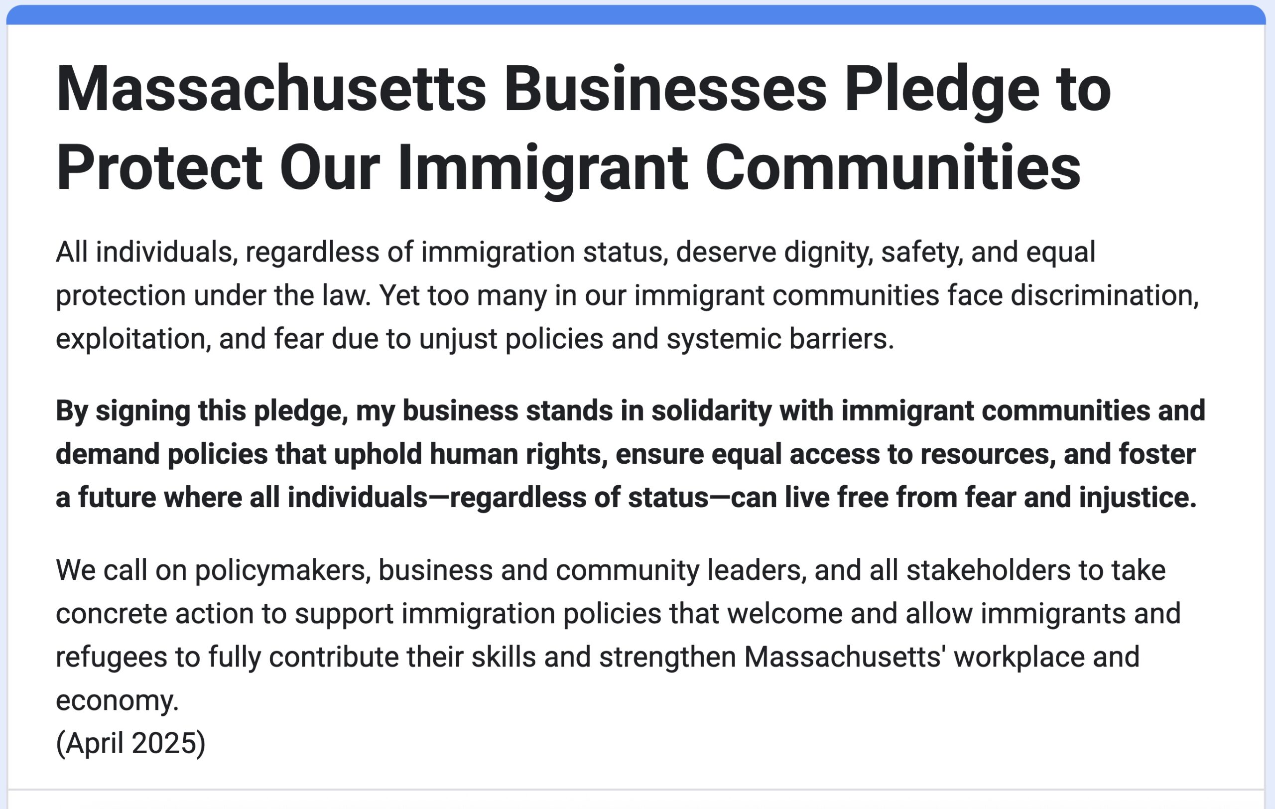 Massachusetts Businesses Pledge to Protect Our Immigrant Communities click to go to form