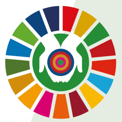 colorful wheel graphic with offering pair of hands in center