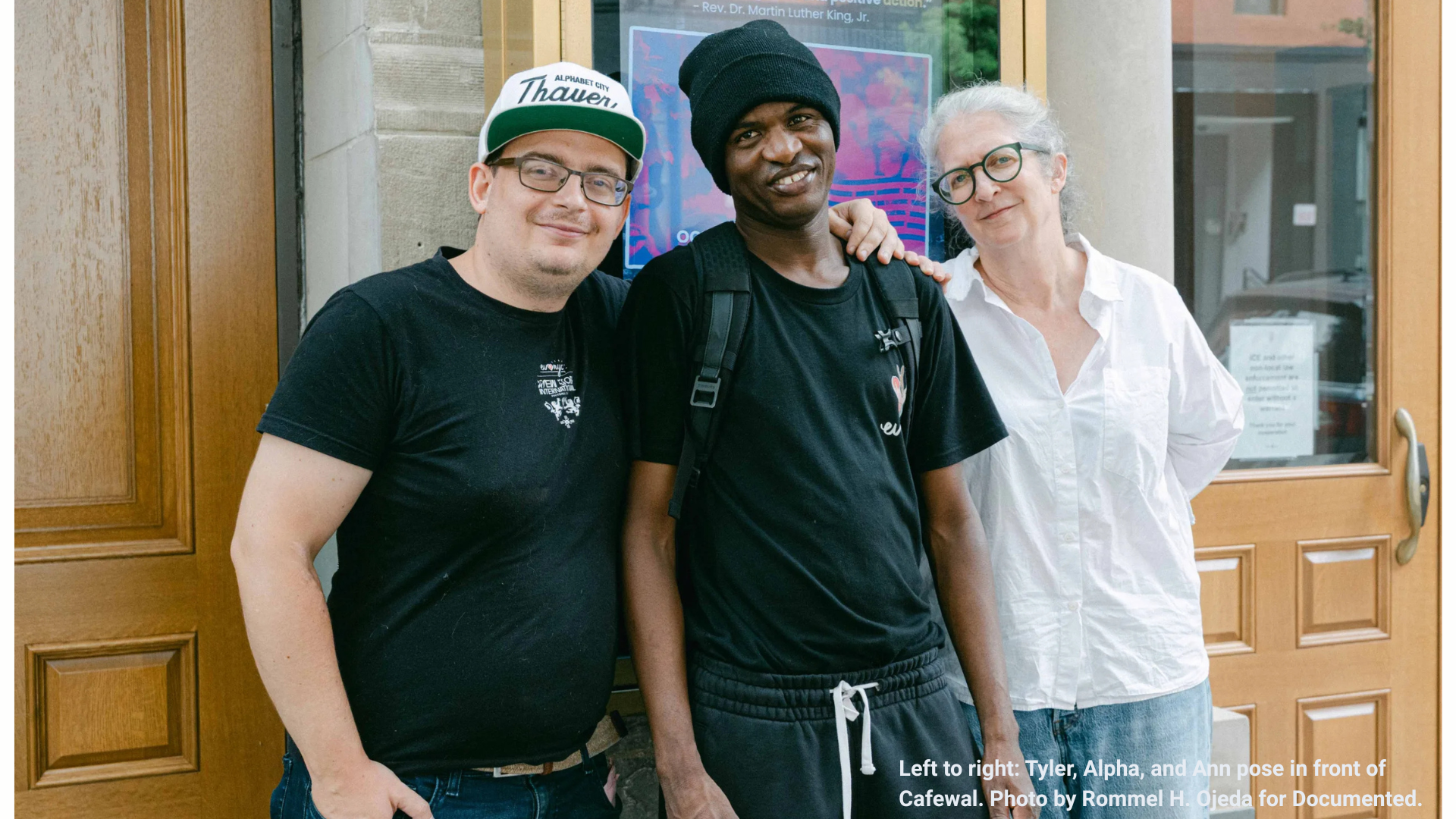 Left to right: Tyler, Alpha, and Ann pose in front of Cafewal. Photo by Rommel H. Ojeda for Documented.