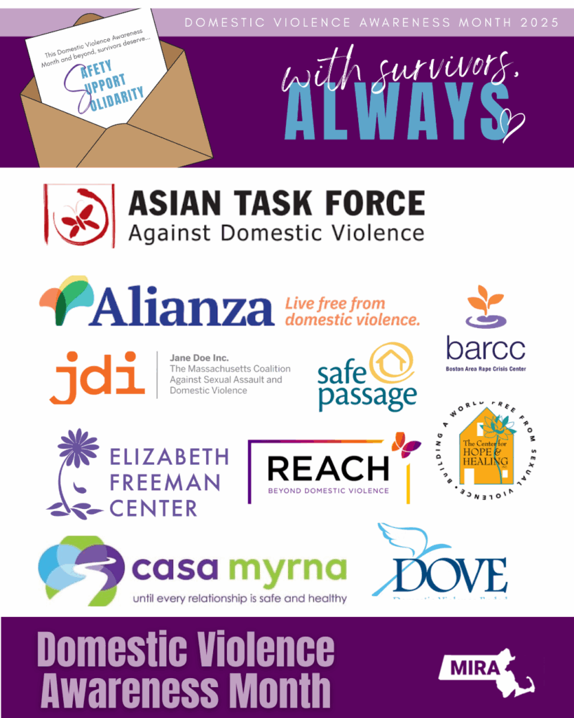 Domestic Violence Awareness Month 2025 with survivors always - MIRA member organization logos