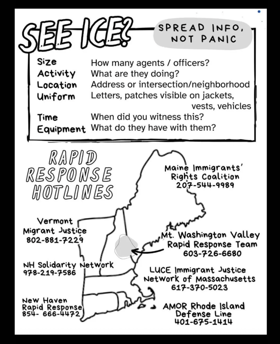 SEE ICE? Spread Info, Not Panic
Size: How many agents/officers?
Activity: What are they doing?
Location: Address or intersection/neighborhood
Uniform: Letters, pathces visible on jackets, vests, vehicles
Time: When did you wirness this?
Equipment: What do they have with them?
Rapid Response Hotlines [inline]